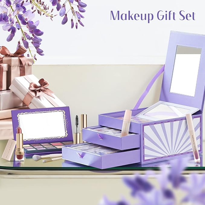 Color Nymph Makeup Organizers, Foldable Storage Box Coming with Full Kit Cosmetic Sets Makeup Kits For Teens Girls Make up Kit Includs Eyeshadow Mascara Lipstick Lipgross Blush and Tools -Purple