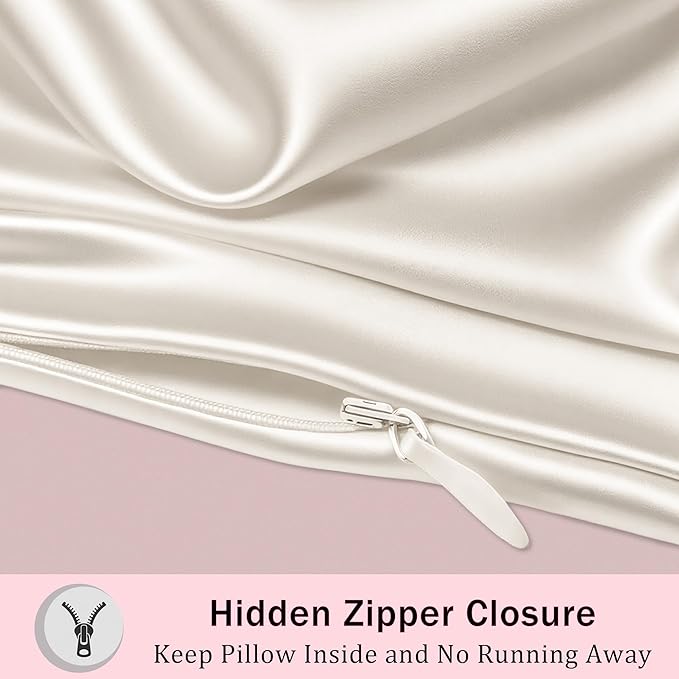 Mulberry Silk Pillow Cases with Zipper, Ultra Smooth Soft Breathable Cooling Pillow Cases for Hot Sleepers, Silk Satin Pillowcase for Hair and Skin, Gifts for Women (Ivory, Queen Size, 1 Pack)