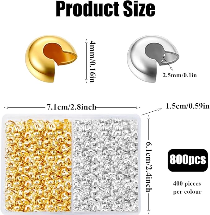 800 Pieces Crimp Bead Covers for Jewelry Making, 4mm Open Half Round Crimp Bead Knot Cover Small Beads for Jewelry Craft DIY（Gold and Sliver）