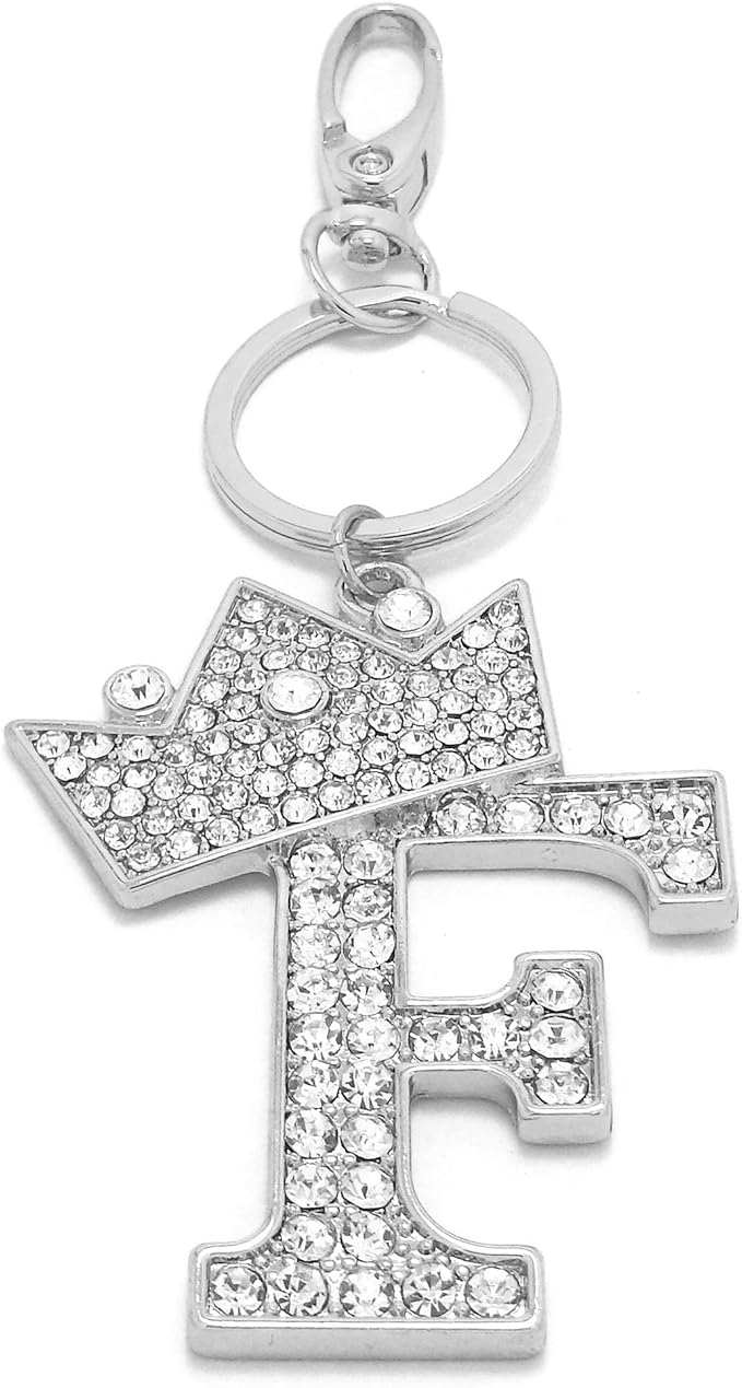 CBC Crown Crystal Rhinestone Letter Initial Keychain, Gold Metal, Bag Charm with Key Ring Approx. 2.17" x 2.56"