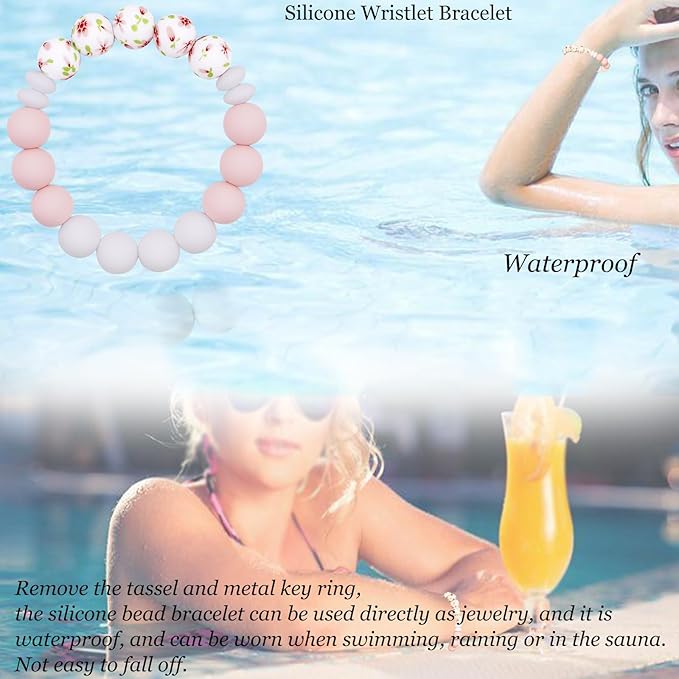 BIHRTC Key Ring Bracelet Car Keychain Holder Wristlet Silicone Women Beaded Bangle Chains