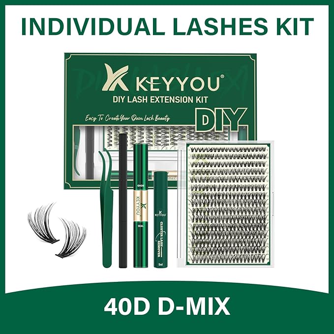KEYYOU Lash Extension Kit DIY 300Pcs Lash Clusters Kit 40D 0.07 D Curl 9-18MIX Eyelash Extension Kit Individual Lashes Kit with Lash Bond and Seal, Lash Tweezers and Remover for Self Use