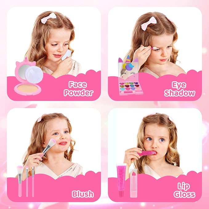 PERRYHOME Unicorn Cute Kids Makeup Set Washable Makeup Kit for Girl Gift with Mini Coin Purse - Real Cosmetic Non-Toxic Toddler Makeup Kit-Unicorn Toys for Girl - Birthday Unicorn Gift 3+（Pink）
