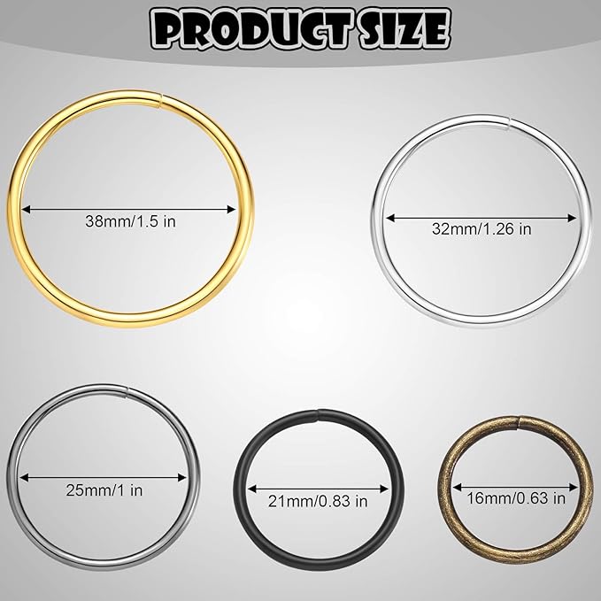 Hotop 35 Pieces Metal O Ring Multi Purpose Non Welded Round Metal Key Ring for Keychains Macrame Dog Leashes Camping Belt Hardware Bag DIY Accessories, 5 Sizes(Colorful)