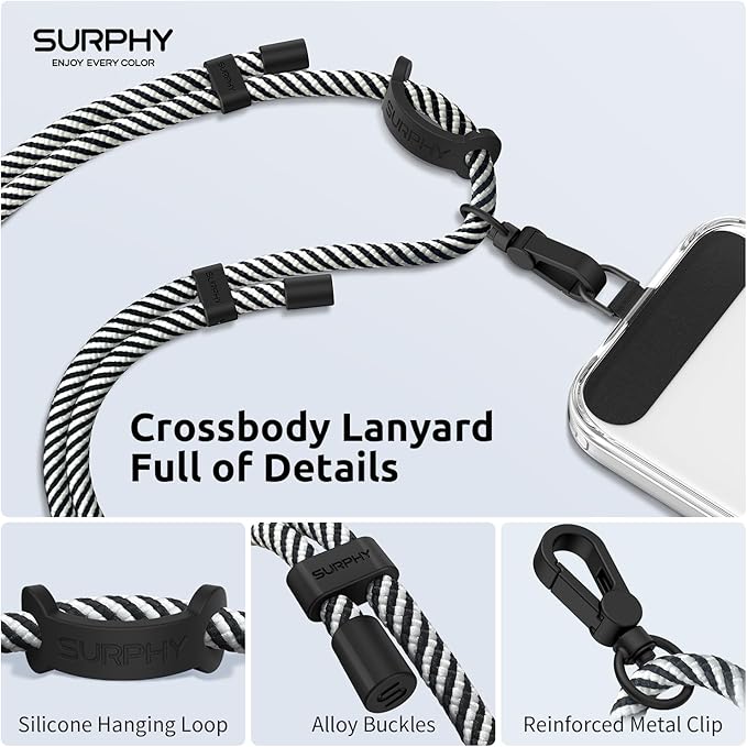 SURPHY Phone Lanyard, Adjustable Phone Strap Crossbody with 2 Pack Phone Tether Tab, Premium Metal Buckles and Two-Color Braided Cell Phone Lanyard Crossbody for Women and Men, Black & White