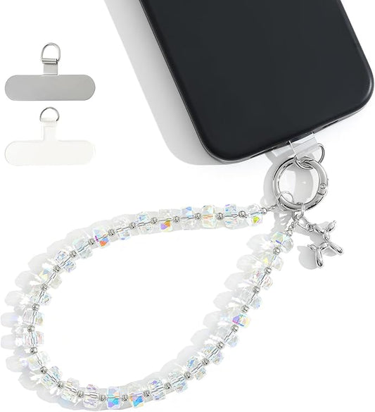 Crystal Phone Wrist Strap Phone Charm Chain Keychain Beaded Cellphone Lanyard with Tether Tab Hands-Free Wristlet Bracelet Wrist Grip Strap for Women, W-Crystal AB