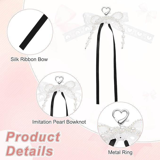 MECCANIXITY Pearl Bow Keychain, Y2k Aesthetic Hollow Heart Bowknot Ribbon Keyring, Cute Bag Charm for Tote Bags Purse Handbag