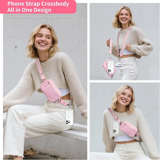 Clip and Go Strap for Phone with Wallet Crossbody Phone Lanyard with Anti-Theft Zipper Pouch Detachable Quilted Wrist Wallet with RFID and ID Window for Daily Travel. Pink Large