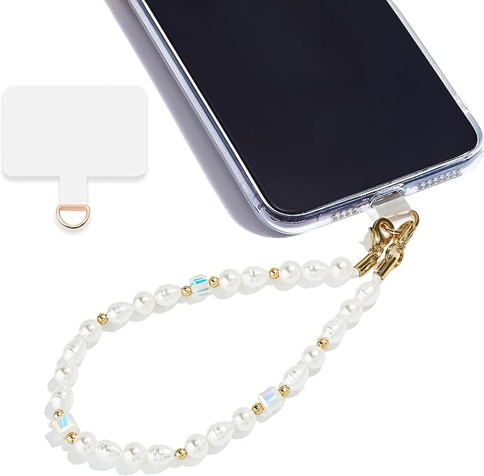 Marble Beaded Phone Wrist Strap,Detachable Phone Bracelet Strap with Tether Tab,Hands-Free Wristlet Strap (White Pearl)