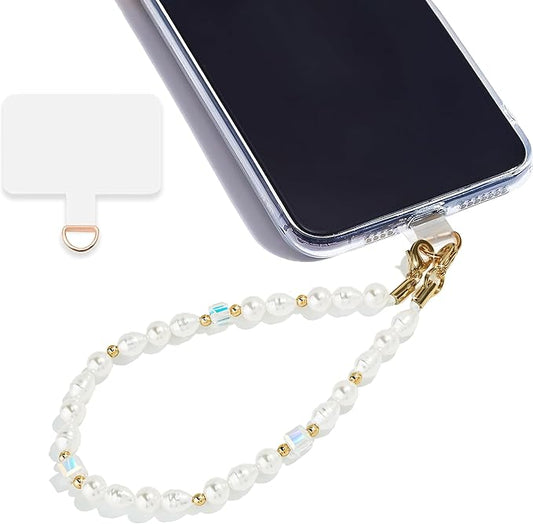 Marble Beaded Phone Wrist Strap,Detachable Phone Bracelet Strap with Tether Tab,Hands-Free Wristlet Strap (White Pearl)