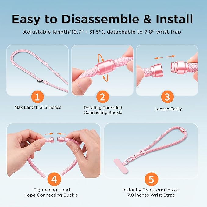 3-in-1 Cell Phone Lanyard 1 Pack + Wrist Strap 1 Pack - Convertible Crossbody Strap with Locking Knob Friendly, Adjustable Neck Lanyard for Gym/Work/Travel Essentials(Pink)