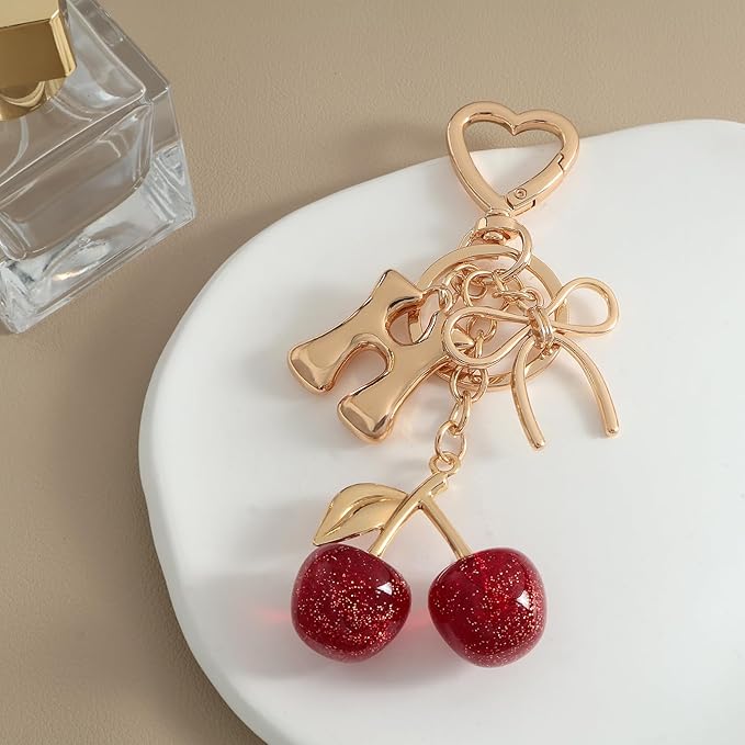 Snycler Bubble Initial Keychain with Cherry & Bow - Gold Letter Bag Charms for Women, Cute Purse Handbag Accessories