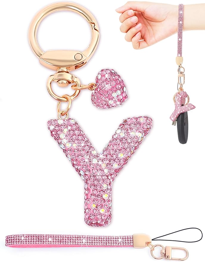 Initial Keychain for Women Girls,Bling Letter Key chain Initial with Heart,Pink Keychain Charms for Backpack Handbag