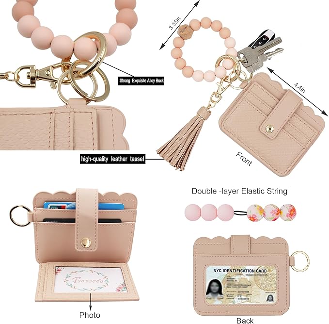 Keychain Wallet Wristlet Small Credit Card Holder Bracelet Key Chain Purse Bangle Tassel Beads Key Rings for Women