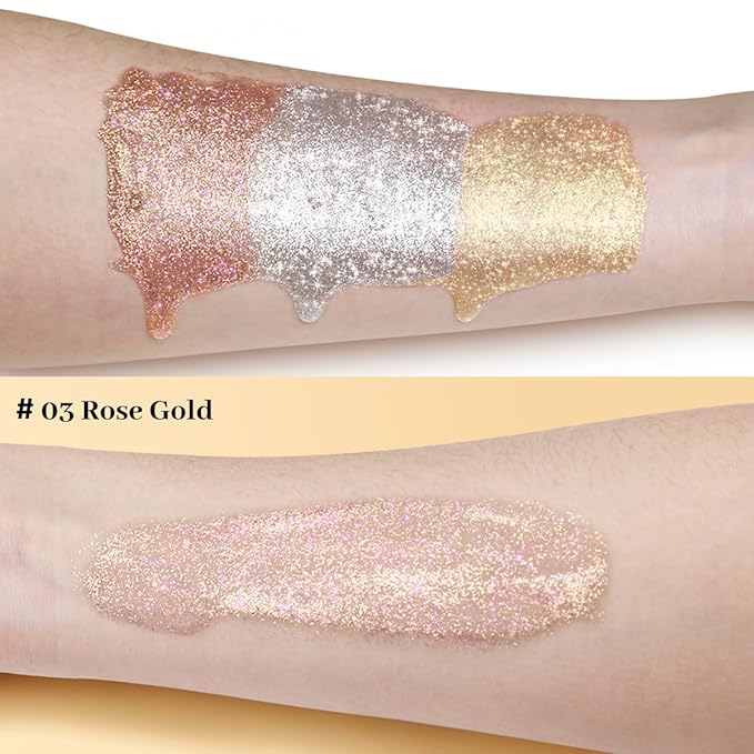 UCANBE Hydrating Body Glitter Dewy Highlighter Makeup Luminizer Drops Body Shimmer Liquid Face Glow Sparkles for Women Gifts (Rose Gold - 03)