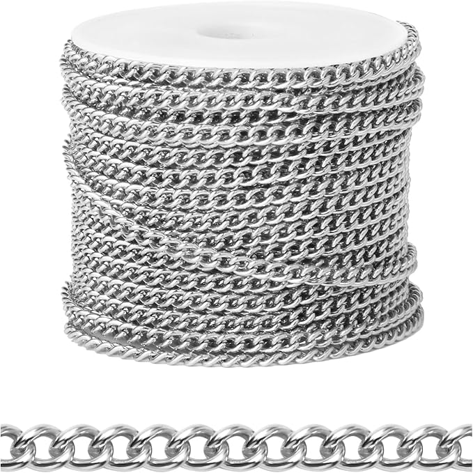 [66 FT] Stainless Steel Curb Chains Bulk for Jewelry Making, 3mm 304 Stainless Steel Flat Twisted Links Curb Chains Roll Spool for Jewelry Making DIY Craft