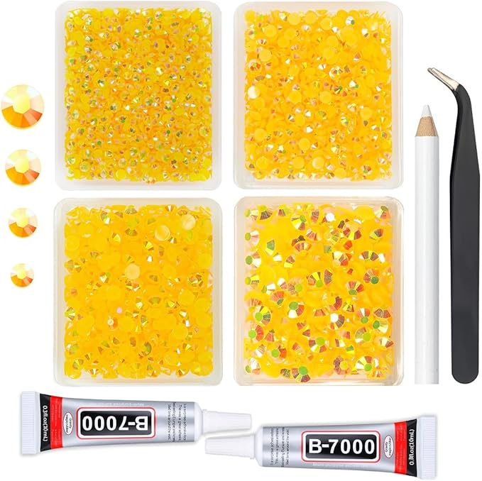 Orange Yellow AB Resin Rhinestones w B7000 Jewelry Glue for Crafting 3mm 4mm 5mm 6mm Dark Yellow AB Flatback Jelly Stones Bulk Diamonds Gems Charms for Nails Face Eyes Makeup Tumblers Crafts