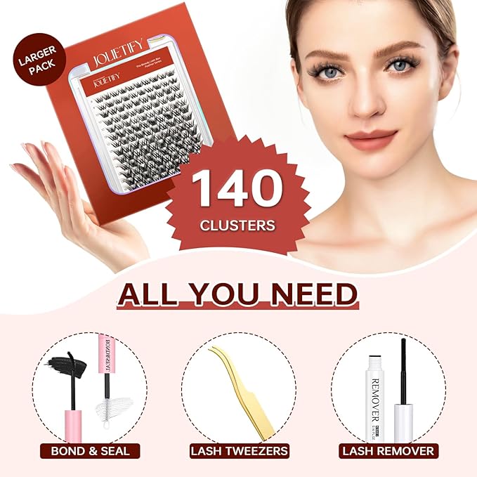 JOLIETIFY Lash Extension Kit, Medium Dense Clusters, Faux Mink 8–16mm, Defined Look, Soft & Sculpted Style,Reusable Individual Lashes with Waterproof Bond & Seal, Tweezers & Remover, DIY for Beginners