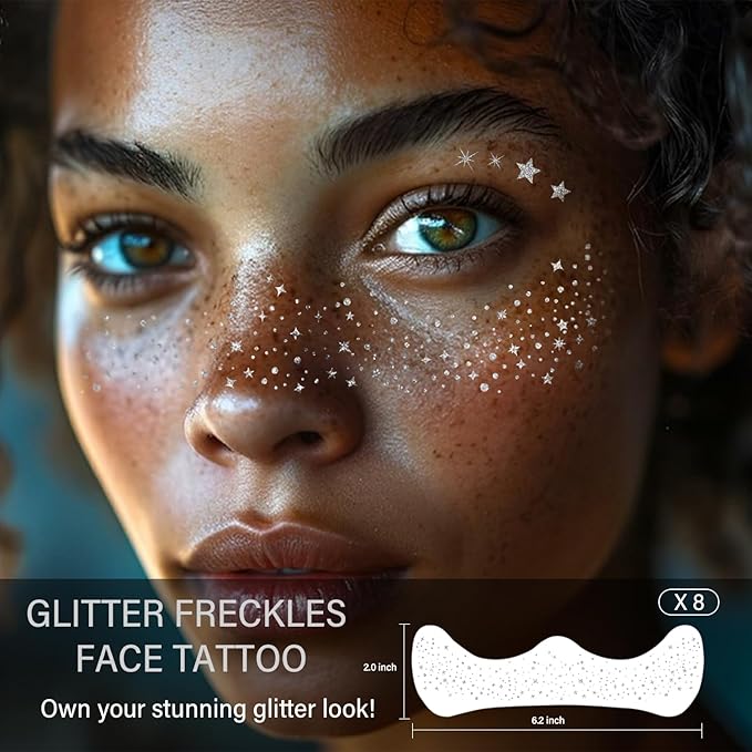 8 Pcs Silver Face Makeup Patches, Silver Glitter Freckles Face Tattoo, Glitter Freckles, Sparkle Makeup Patches, Waterproof Face Glitter Temporary Tattoos for Women