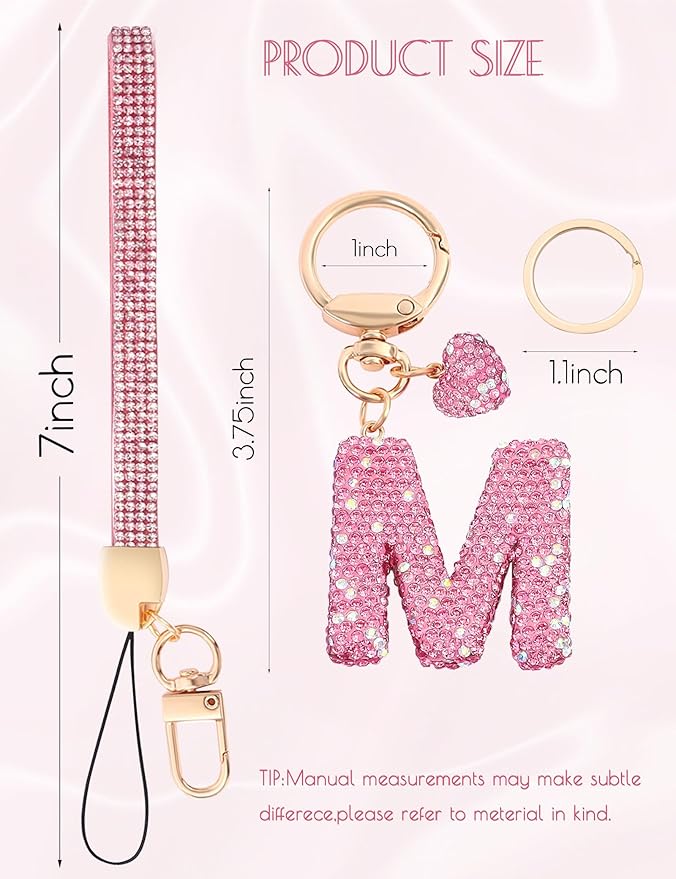 Initial Keychain for Women Girls,Bling Letter Key chain Initial with Heart,Pink Keychain Charms for Backpack Handbag