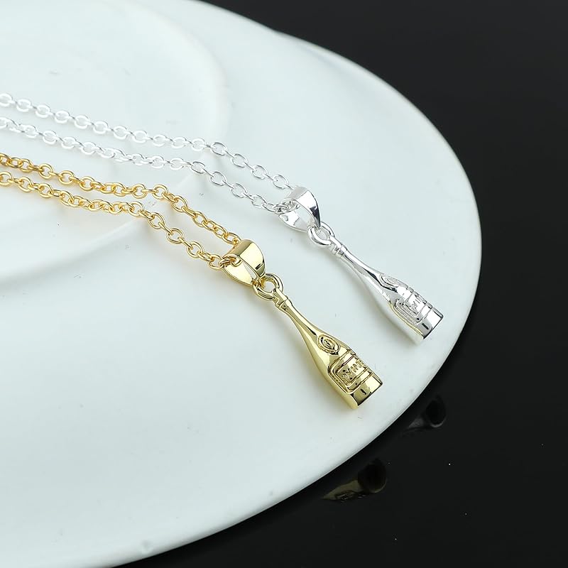 JOR Wine Bottle Charm Pendant Necklace, Men & Women Unisex Jewelry, Dainty Gold & Silver Plated Combo Chain 18 inch (Pack of 2)