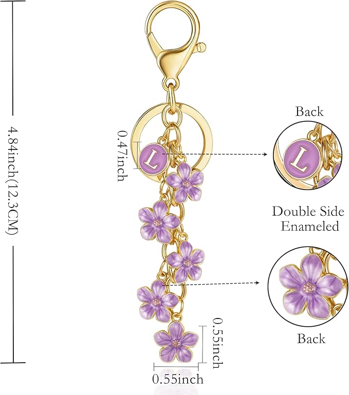 XGALBLA White Pink Black Cute Initial Letter Keychain for Women, Flower Bag Charms Enamel Keyring for Handbag Backpack