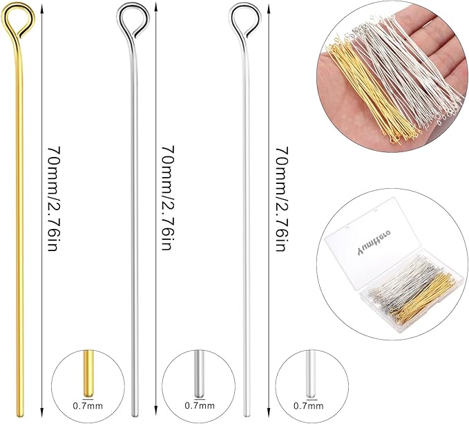 210 Pcs 70mm/2.76 Inch 21 Gauge Eye Pins for Jewelry Making Head Pins Ball Pins, Yumttero Straight Eye Pins for Craft Earring Bracelet Necklace Pendant Jewelry Making (Eye Pins,Mixed Color)