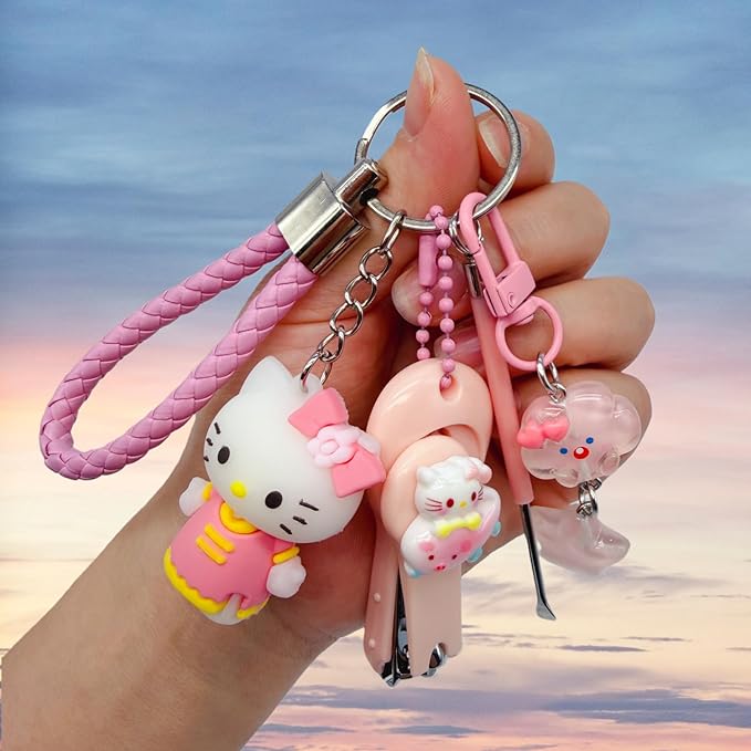 Cute Keychain with Nail Clipper Ear Pick for Women Girls Cute Key Chain Wristlet Cartoon Keychain Lanyard