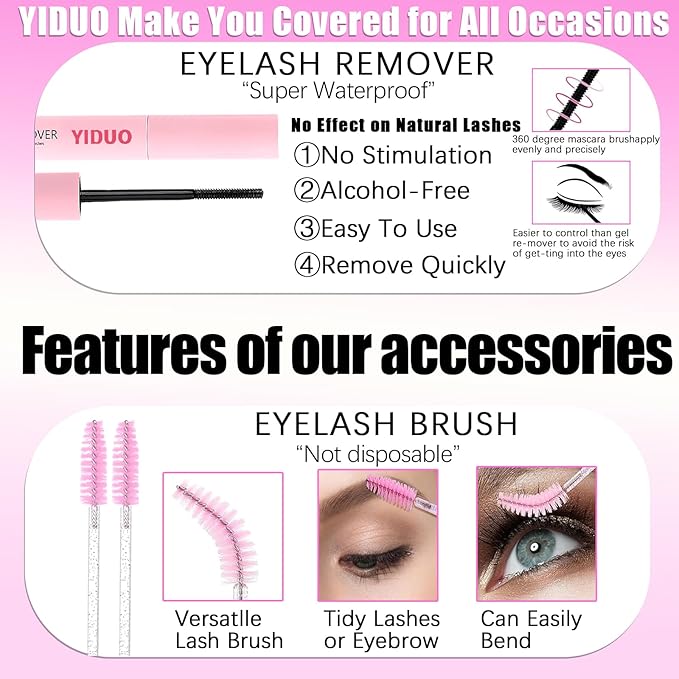 YIDUO Lashes Clusters Kit 200D Volume EyeLash Clusters 12-22MM D Curl Wispy Lashes Extensions Kit 180pcs Thick Individual False eyelashe Extension with Bond and Seal |Tweezers |Removers |Eyelash Brush