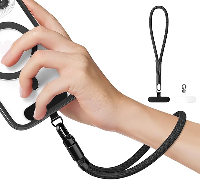 Minimalist Wrist Strap Phone Lanyard with Adjustable Drop-Proof Design, 7mm Reinforced Climbing Rope Material, 2 Phone Tether Tabs (Matching Metal and Rotatable Clear) - Classic Black