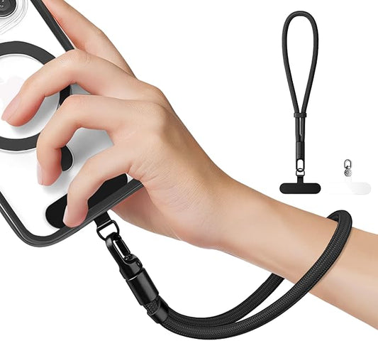 Minimalist Wrist Strap Phone Lanyard with Adjustable Drop-Proof Design, 7mm Reinforced Climbing Rope Material, 2 Phone Tether Tabs (Matching Metal and Rotatable Clear) - Classic Black
