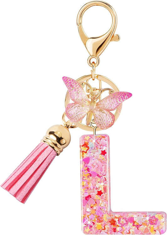 Initial letter Keychains for Women Girls Tassel Butterfly Cute Keychain for Wallet Backpack charm