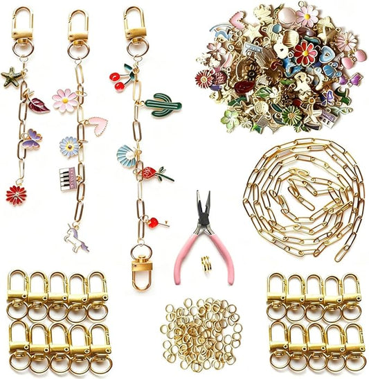BLOSSIONA 223pcs Lip Gloss Keychain Making Kit DIY Keychain Making Supplies for Crafting 100 Enamel Charms 1 Meter Extender Gold Chain 20 Keychains Clips 100 Jump Rings Key Chain Making Kit