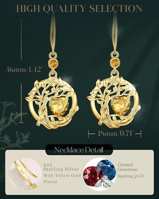 FANCIME Tree of Life Dangle Drop Earrings 925 Sterling Silver Dainty Round Gemstone Birthstone Earring Fine Jewelry Birthday Christmas Gifts for Her Women