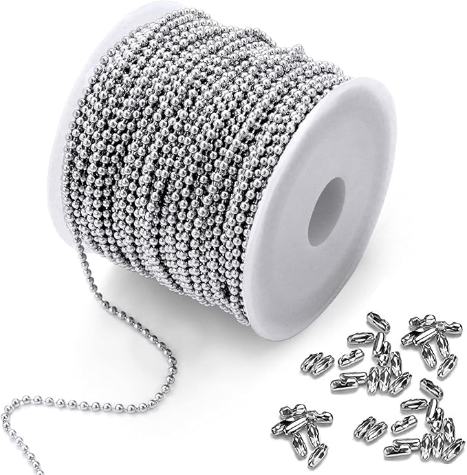 Cadikez Stainless Steel Ball Bead Chain [2.4mm/50Feet] Chains Spool with 30 PCS Connectors Supplies for Jewelry Making