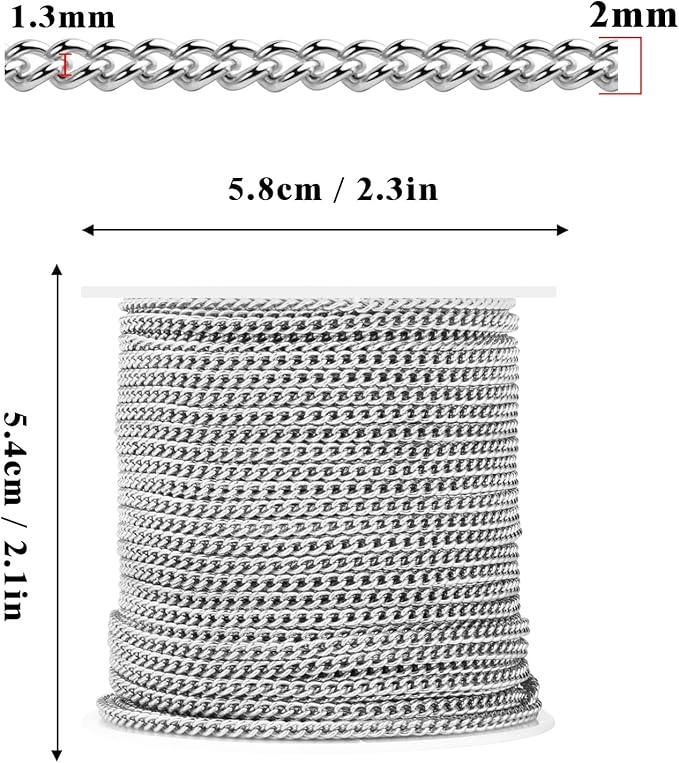 [66 Feet/ 20M] Stainless Steel Curb Chain, 2mm 304 Stainless Steel Chains Flat Twisted Links Curb Chain Bulk for Jewelry Making DIY Craft