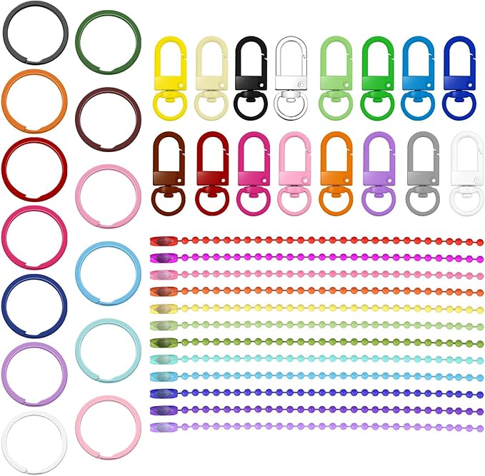 Tanstic 160Pcs Colorful Metal Ball Beads Chain and Flat Key Rings and Lobster Claw Clasps Kit, 4.72” Ball Bead Keychain, 1” Split Key Ring, 1.29” Swivel Lanyards Snap Hooks for DIY Craft