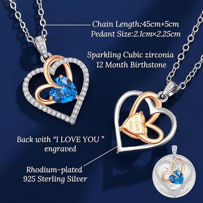 OOBEE Birthstone Necklaces for Women, 925 Sterling Silver Gemstone Fine Love Heart Moissanite Necklace, Ideal Birthday Anniversary Mothers Day Jewelry Gifts for Wife Mom Girlfriend Her