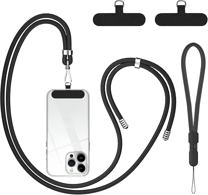 takyu Cell Phone Lanyard, Crossbody Phone Lanyard 1 Pack Adjustable Neck Strap and 1 Pcs Phone Wrist Strap with 2x Phone Tether Patches for Most Smartphones-Black