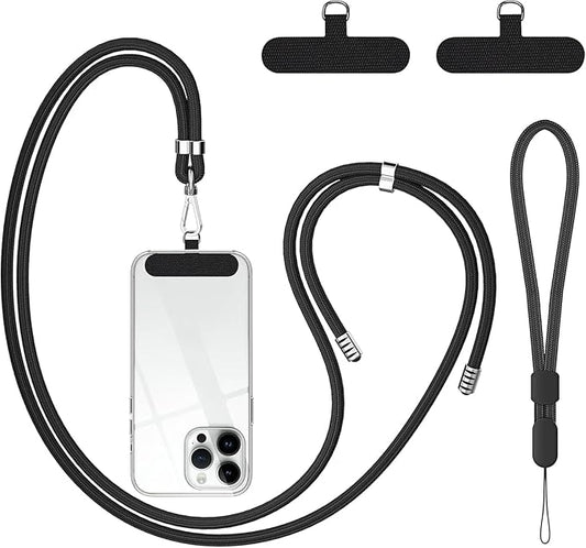 takyu Cell Phone Lanyard, Crossbody Phone Lanyard 1 Pack Adjustable Neck Strap and 1 Pcs Phone Wrist Strap with 2x Phone Tether Patches for Most Smartphones-Black