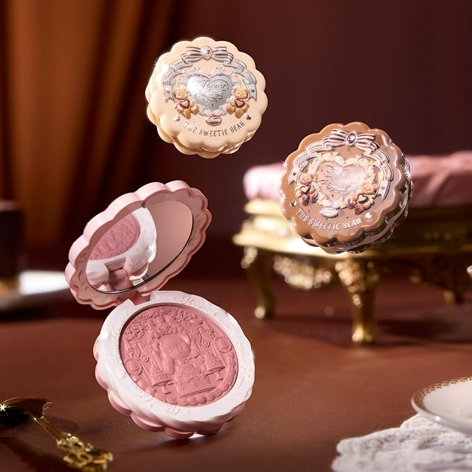 Flower Knows The Sweetie Bear Collection Silk Satin Blush,Shimmery Muted Rose Powder Blush for Cheeks,Buildable & Blendable Face Makeup,Soft Long-Lasting for Women & Girls,0.18 Oz(03 Rose Chanson)