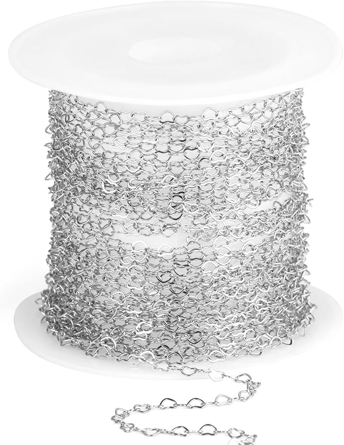 16.5FT Stainless Steel Heart Chain Roll, 2.5mm Width 304 Stainless Steel Heart Link Chain Spool Bulk for Jewelry Making Necklace Bracelet