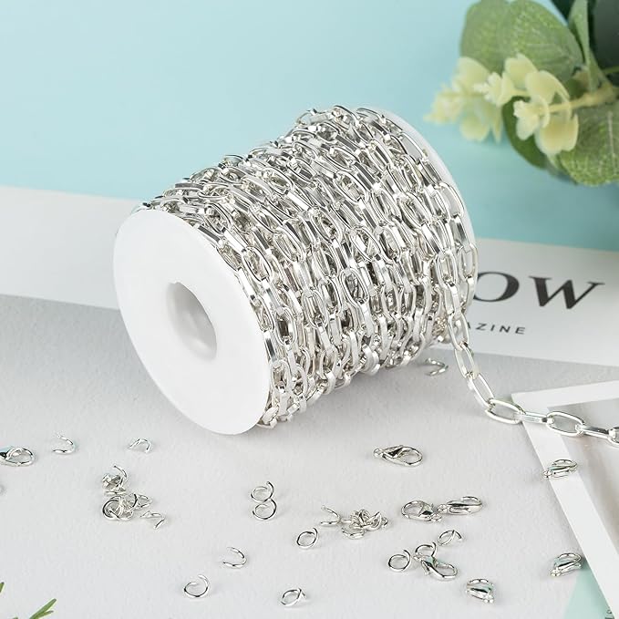 33 Feet Aluminum Chains for Jewelry Making Silver Plated Paperclip Necklace Chain Handmade DIY Chains Bulk with Jump Rings and Lobster Clasps