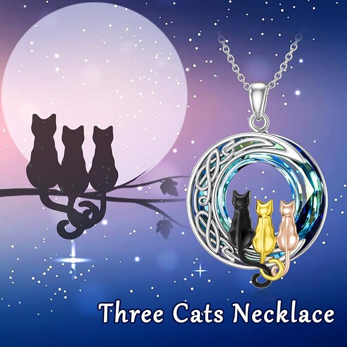 TOUPOP Cat Gifts for Cat Lovers One Two Three Four Cats Necklace Sterling Silver Cats on the Moon Pendant Necklace with Blue Circle Crystal Birthday Christmas Celtic Jewelry Gifts for Women