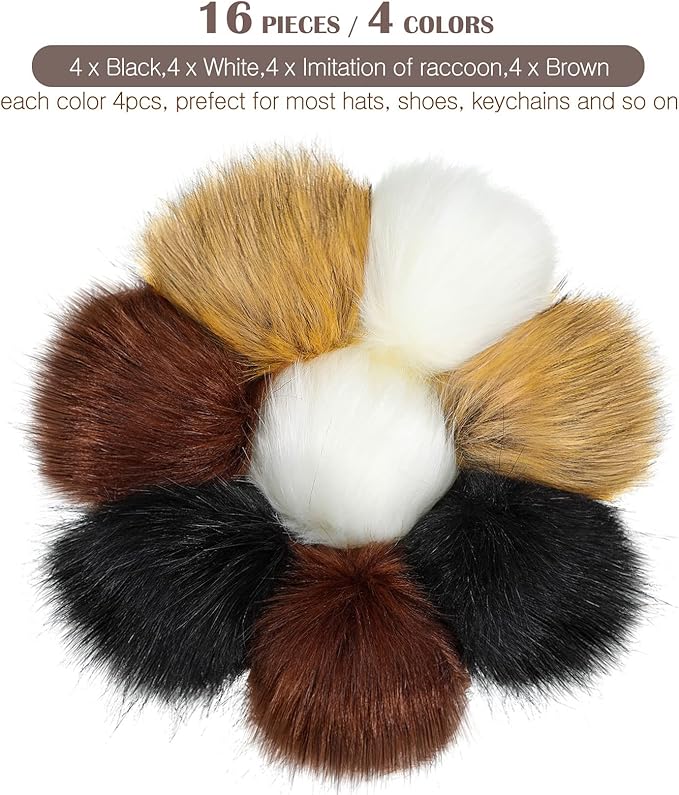 Tatuo 16 Pcs Faux Fur Pom Poms for Hat 4 Inches Large Fluffy Pom Balls for Crafts Knitting Beanies Shoes Scarves Bag Pompoms Keychain Charms Winter DIY Accessories (Black,White,Natural,Coffee)