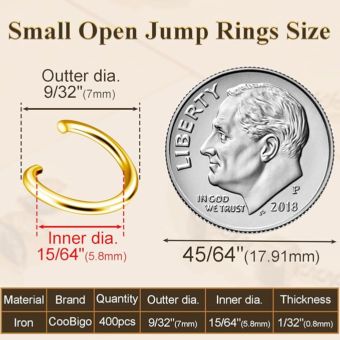 400pcs 9/32" Gold Tiny Jump Rings for Jewelry Making Replacement, Open Jump Ring Metal Jewelry Findings for Bracelets Necklaces Earrings Keychains Connectors Loops Repair Hardware