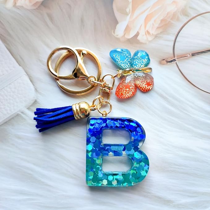 Cute Initial Letter Keychains for Women Girls Tassel Butterfly Pink Purple Green Keychain for Backpack School Bag