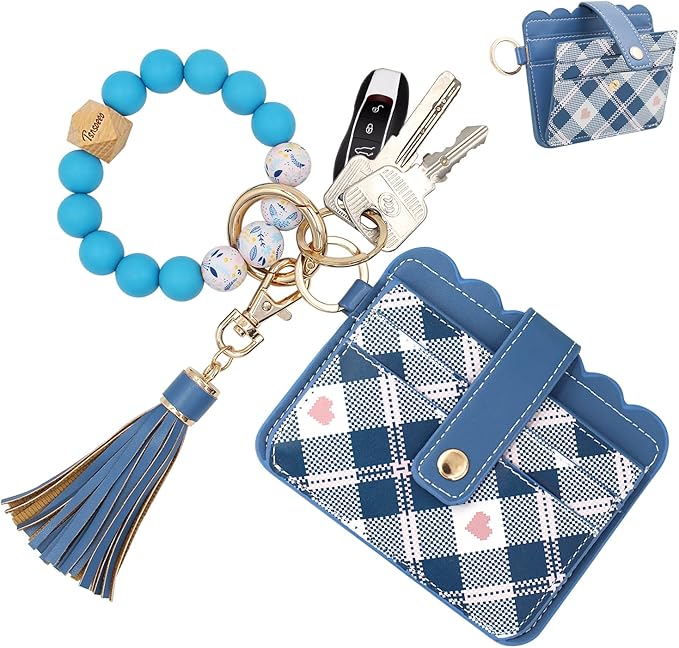Keychain Wallet Wristlet Small Credit Card Holder Bracelet Key Chain Purse Bangle Tassel Beads Key Rings for Women