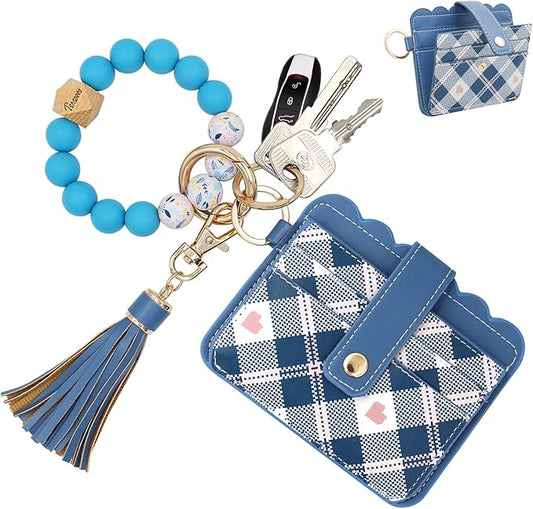 Keychain Wallet Wristlet Small Credit Card Holder Bracelet Key Chain Purse Bangle Tassel Beads Key Rings for Women