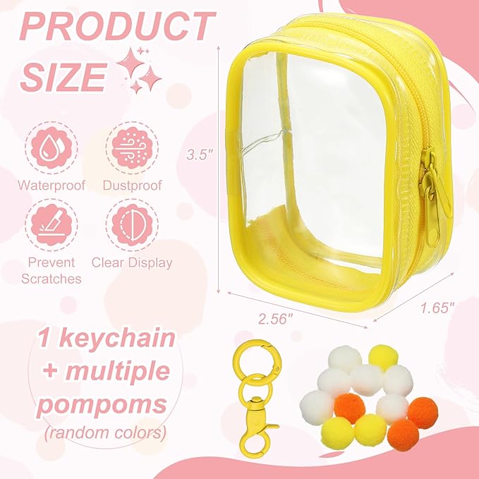 uxcell 3.5 Inch Clear Figure Display Bag, Mini Clear Pouch Waterproof Coin Pouch with Keychain and Pom Poms for Blind Box Doll Display (Square, Yellow)